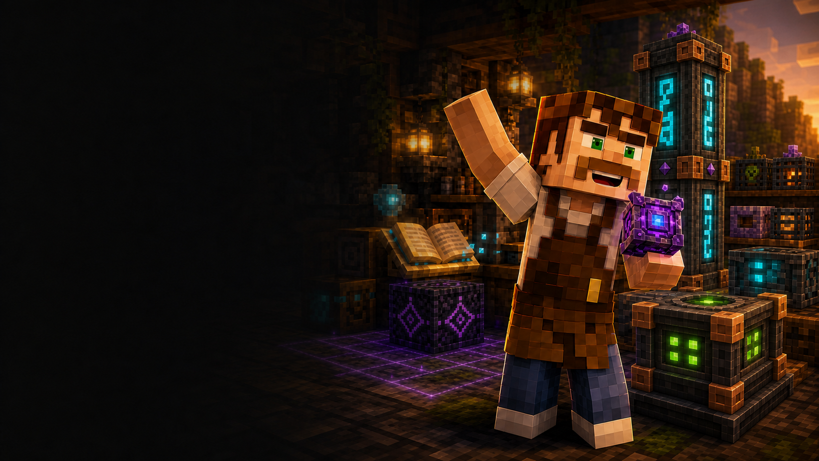 Andy The Maker among glowing enchanted blocks and runes