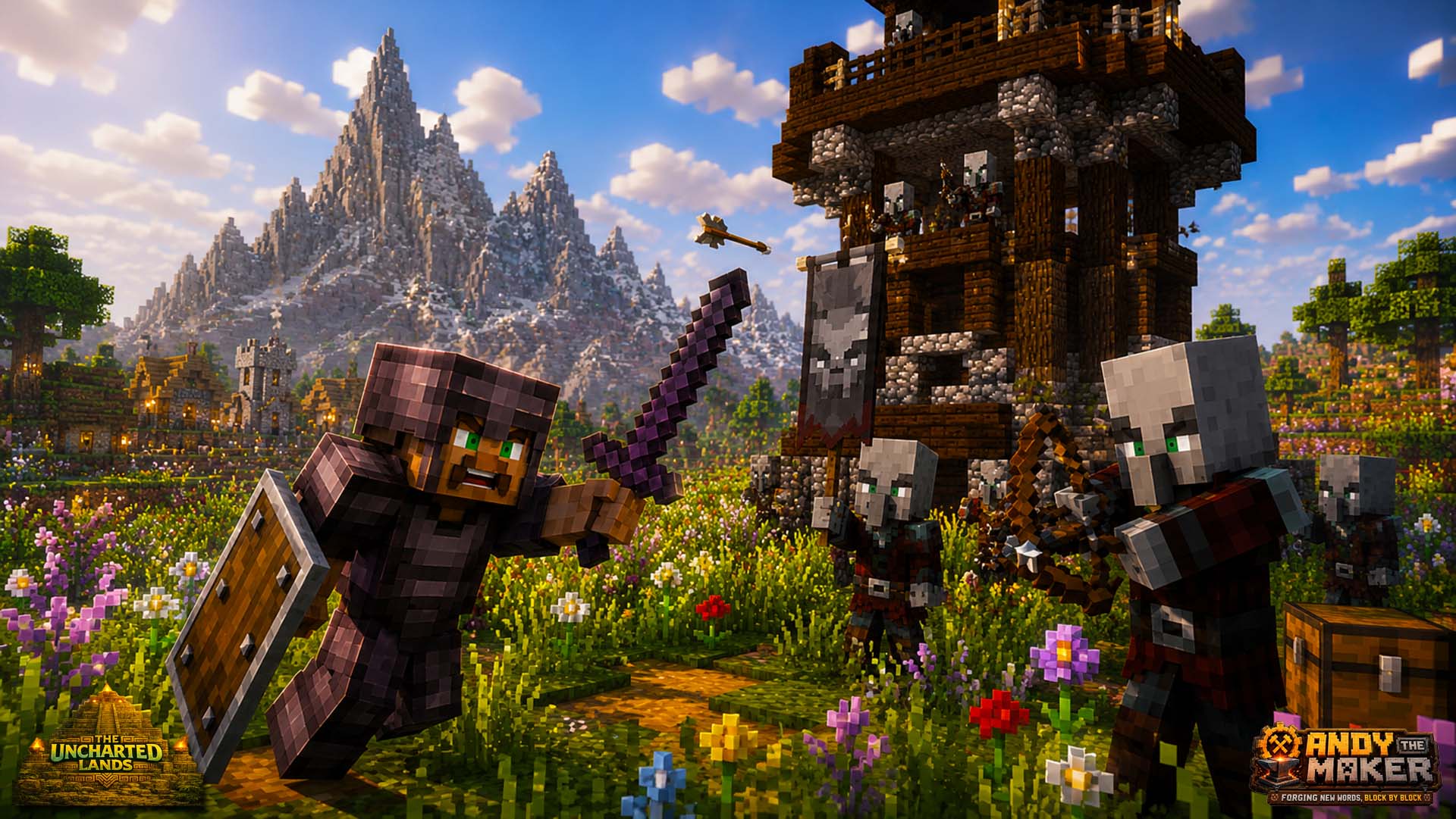 A panoramic view of biomes connected by rivers, ruins, villages, and distant mountains