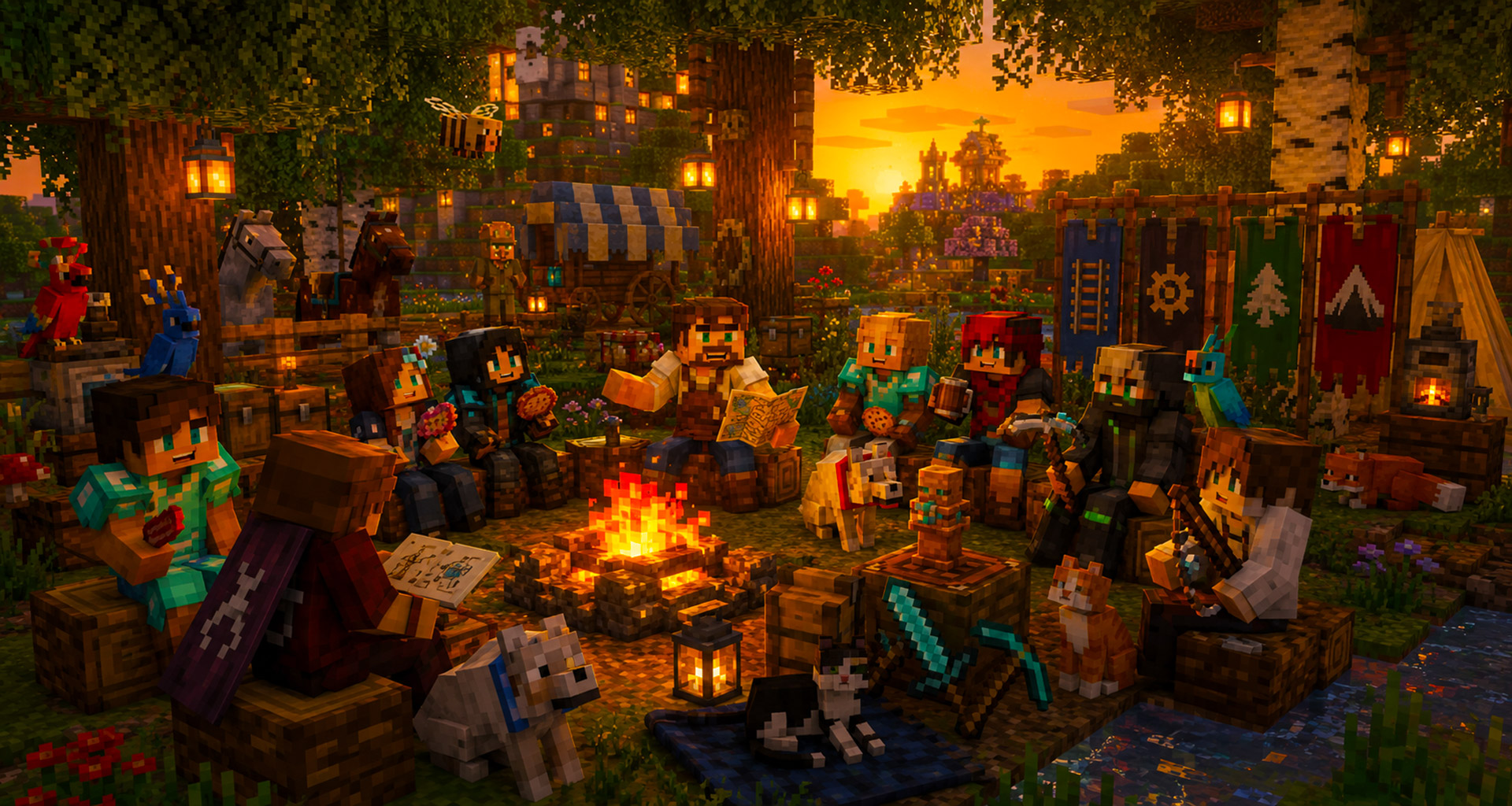 The community gathered around a campfire at dusk, banners and lanterns strung through the trees