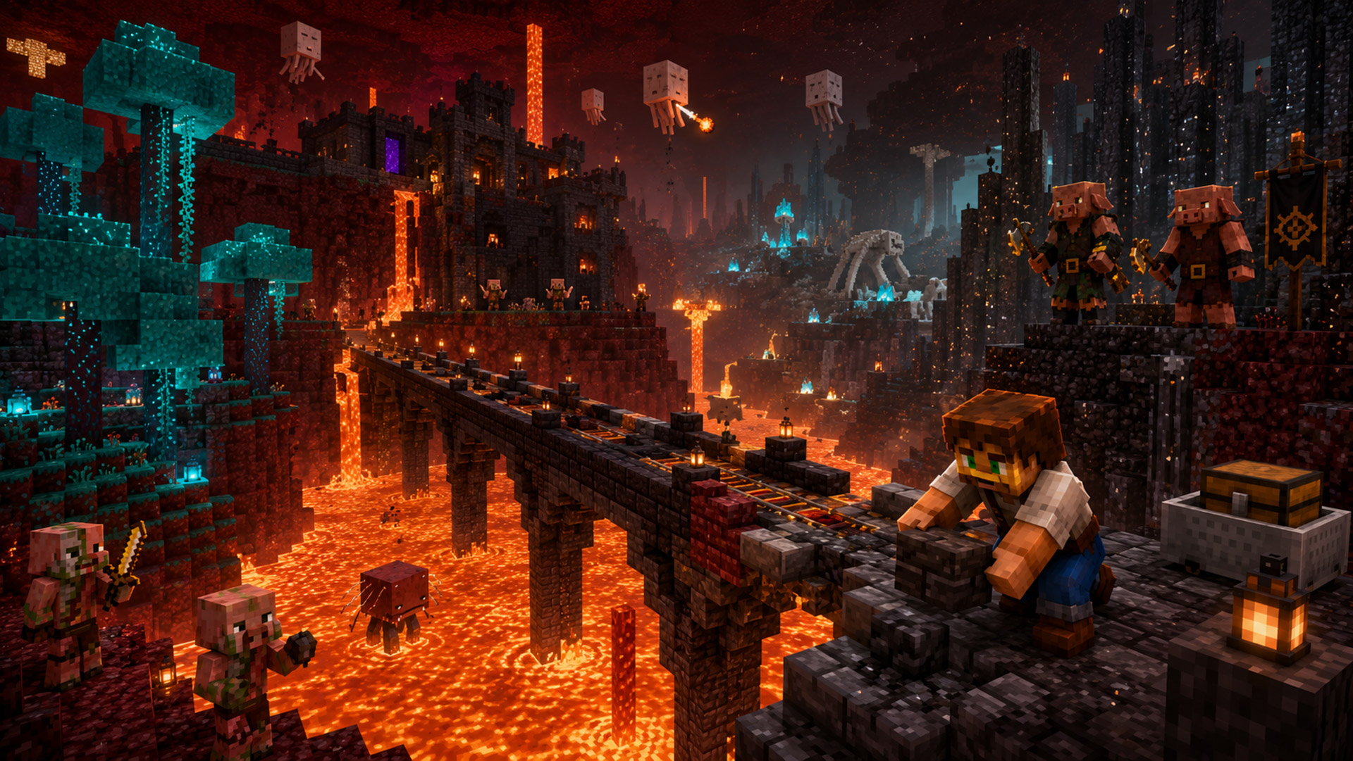 Andy building a rail bridge across a lava-filled Nether expanse