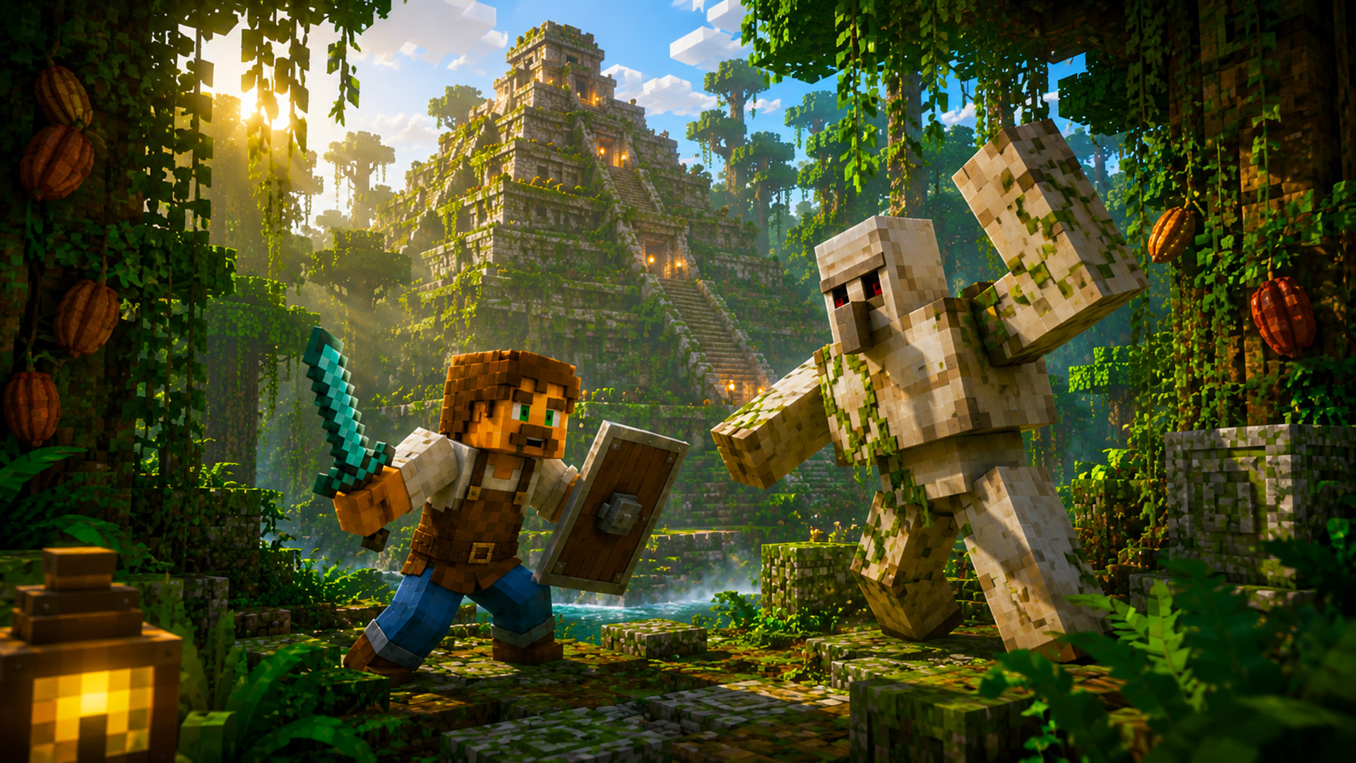 Andy facing an iron golem before a vast jungle temple